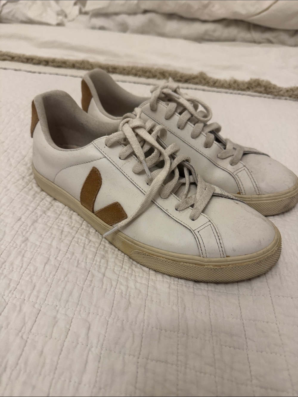 Veja White Leather Low-Top Sneakers with Tan Suede V